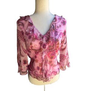 Pink 100% Silk Ruffled Top Floral Flowey Demure Sheer Petite Medium‎
